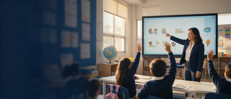 Maestra del Colegio Real de Minas dando clase de inglés con pantalla interactiva a alumnos de Primaria