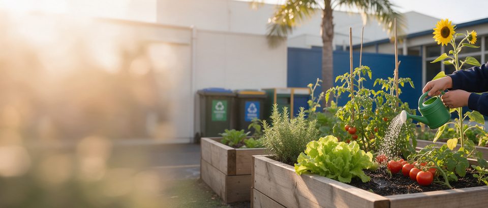 Alumno riega el huerto escolar con tomates, lechugas y girasoles junto a contenedores de reciclaje
