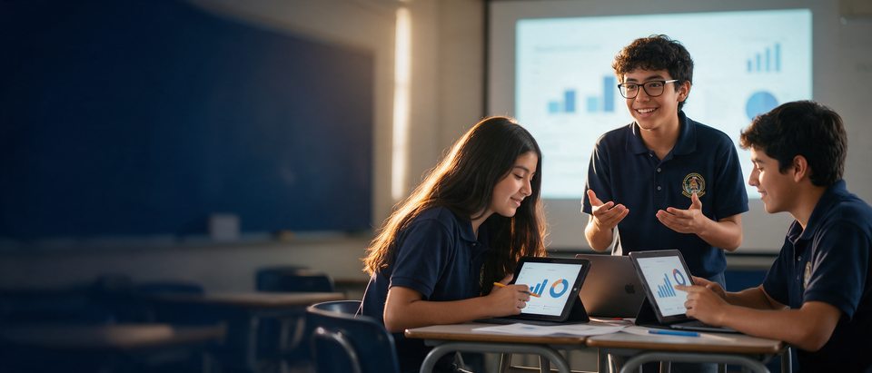 Alumnos de Preparatoria presentan un plan de negocio con iPads y gráficas en el salón
