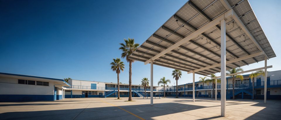 Estructura de paneles solares que da sombra al patio del colegio, con palmeras y edificios blancos y azules